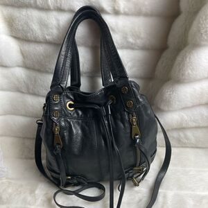 Joelle Hawkens soft leather black bucket style satchel with drawstring